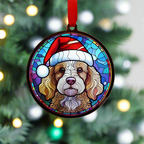 Cockapoo in Santa Hat Suncatcher Decoration